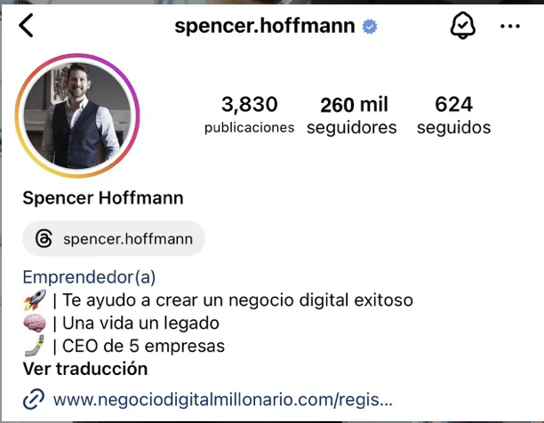 Perfil real de Instagram de Spencer Hoffmann en noviembre 2024 con 260 mil seguidores